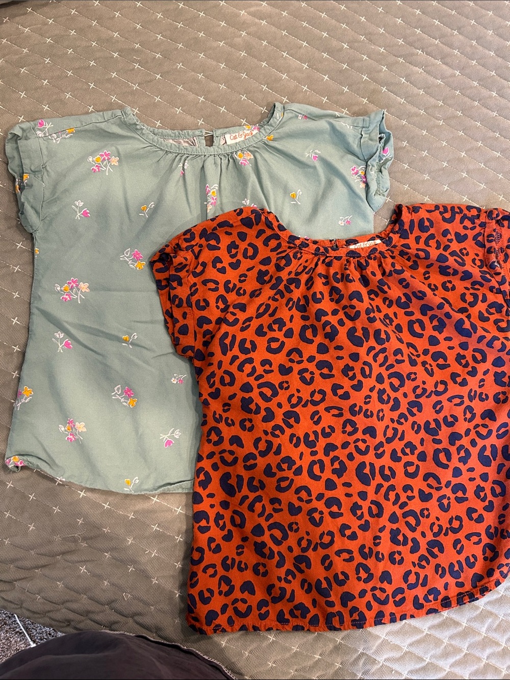 Cat & Jack Sage Floral Top and Orange Leopard Print Top - Girls